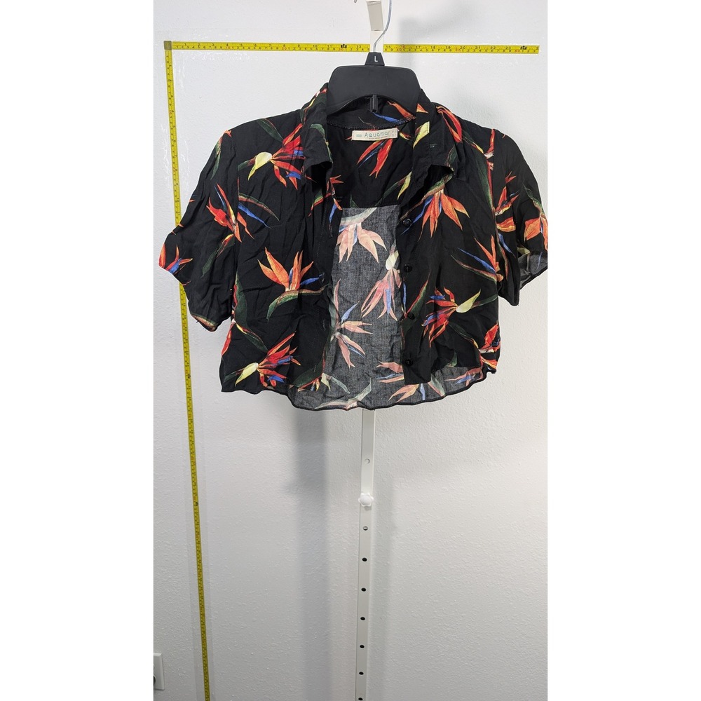 Aquamar Black Tropical Bird‎ of Paradise Floral Button Down Crop Top Small